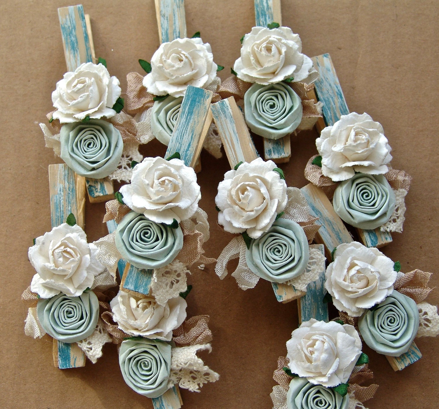 Shabby Chic Cottage Blue decorated Clothes Pins Decorated Clothes Pegs Set of 10 pins with handmade paper flower