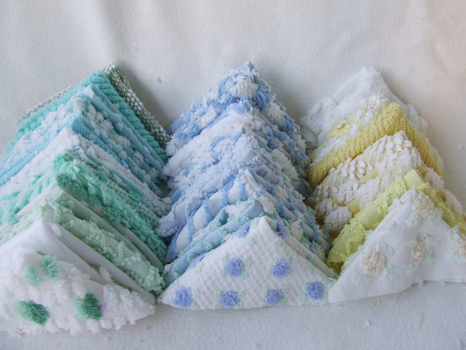 50-6 Inch Vintage Chenille Bedspread Fabric Rag Quilt Charm Squares In Pastel Colors