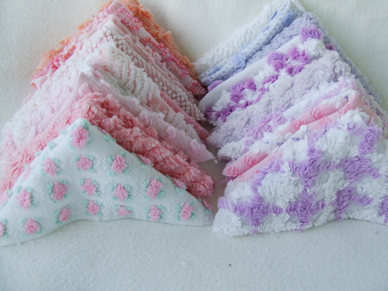50-6 Inch Vintage Chenille Bedspread Fabric Rag Quilt Charm Squares In Pastel Colors