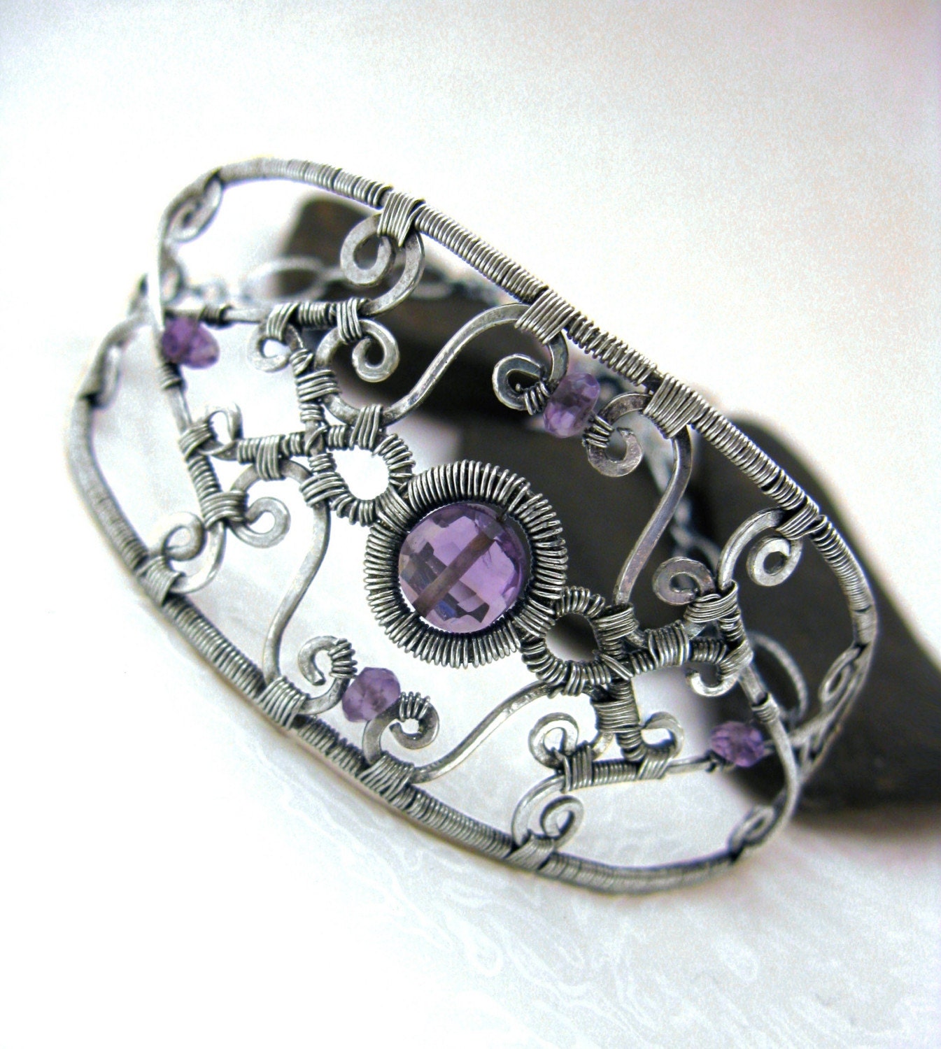 lavender swirls- sterling silver and amethyst intricate wirewrapped bangle