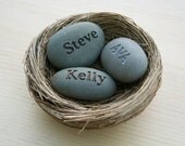 Mother's nest personalized - Set of 3 engraved name stones in bird nest - Mom's Nest (c) by sjEngraving