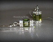 Wedding Earrings - Olivine Green Swarovski Crystal Cube Earrings
