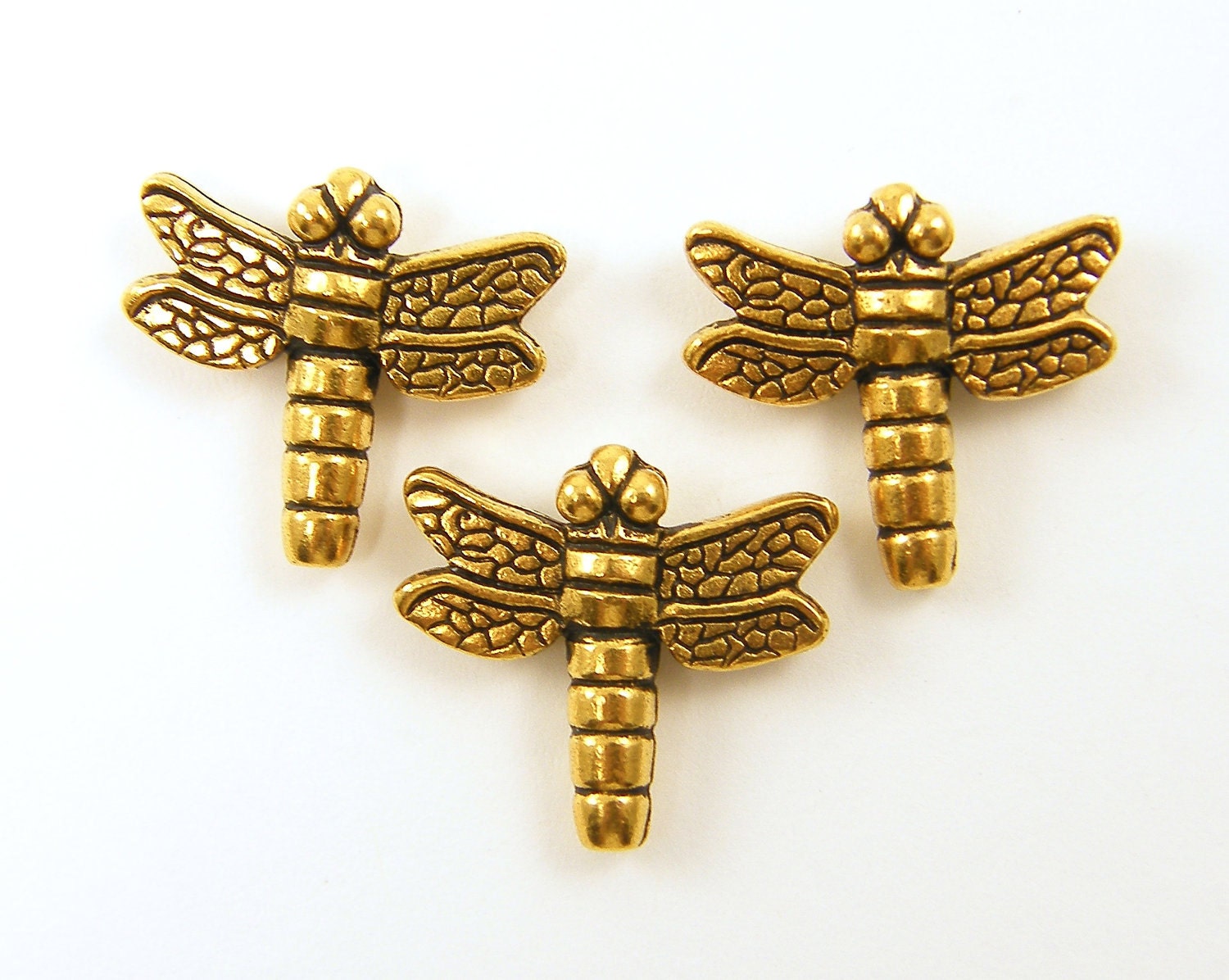 Dragonfly Beads, Dragonfly Charms, Gold Dragonfly Beads, Gold Plated Tierracast Dimensional Dragonflies