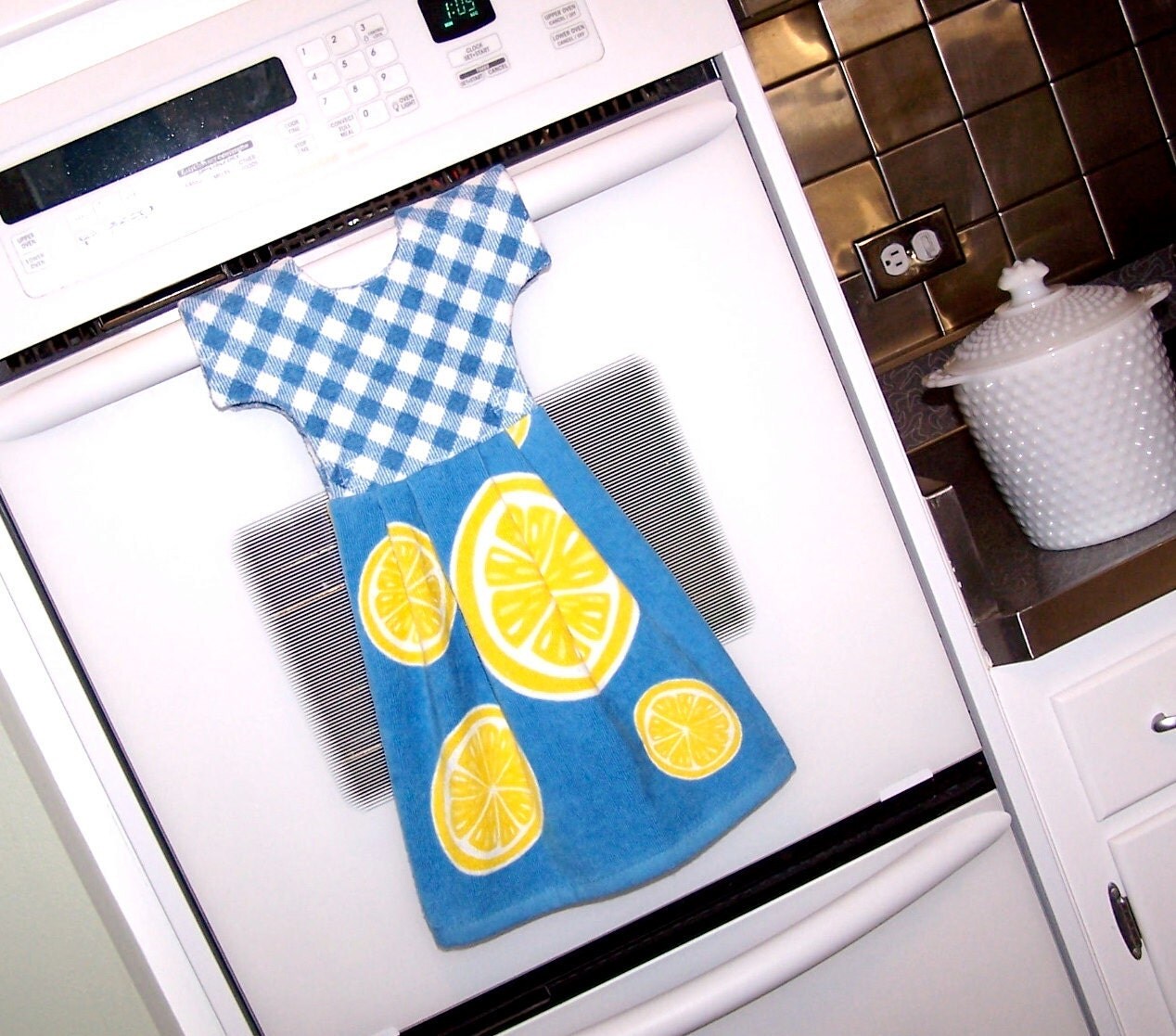 Lemon Dish Towel Dress in Yellow and Blue