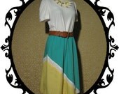 80s colorblock dress. knit bodice. puffed sleeves. sz m.