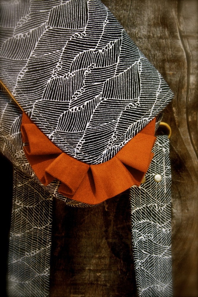 Lady Day Vegan Shoulder Bag in Black and White Wave Hemp/Tencel with Faux Suede Ruffle