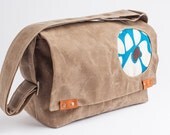 Small Messenger Tablet Bag in Light Brown Waxed Canvas and Blue Floral Accent