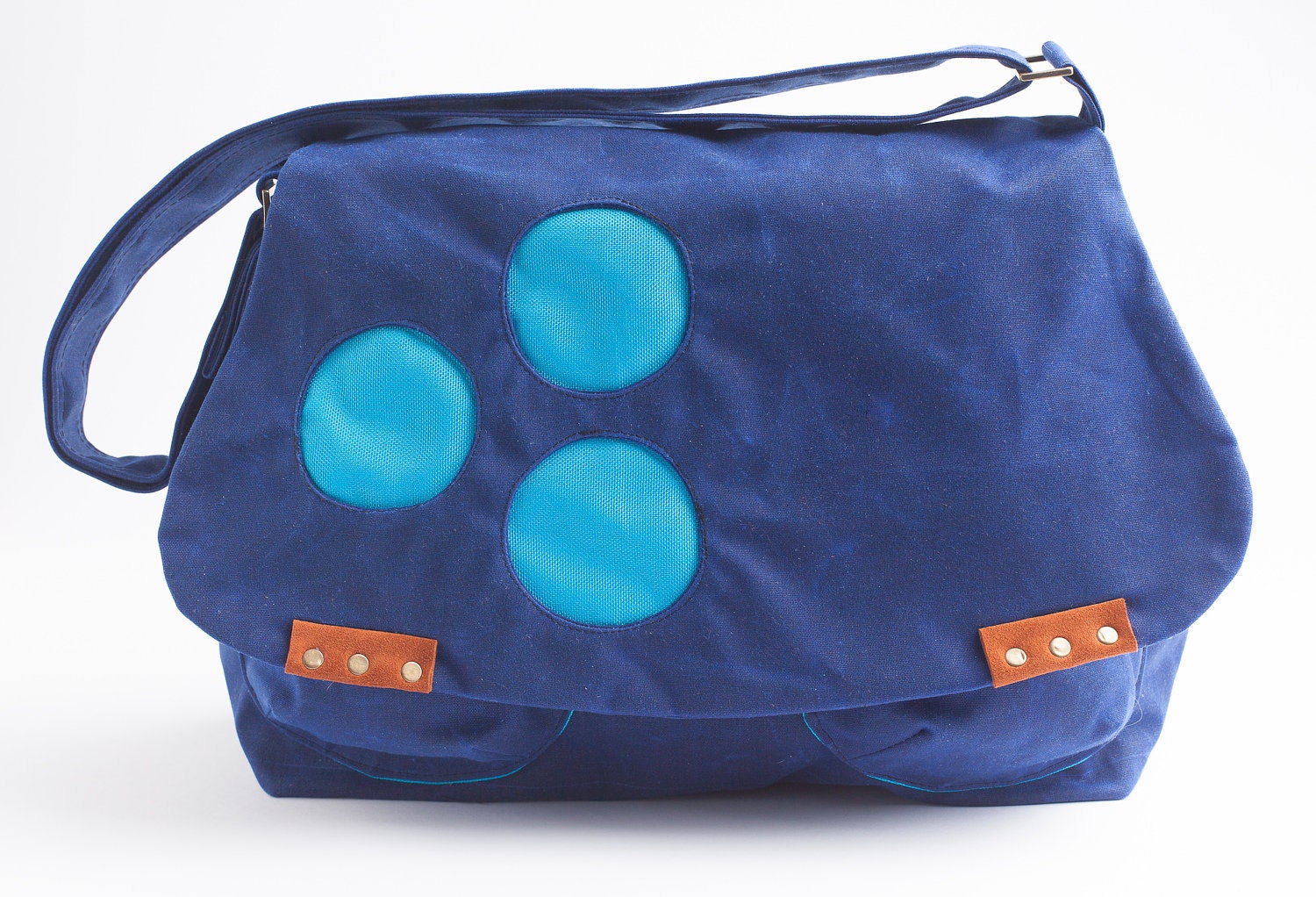 Stylish Messenger Adjustable Strap Feminine Vegan Bag Waxed Canvas in Cobalt Blue and Aqua