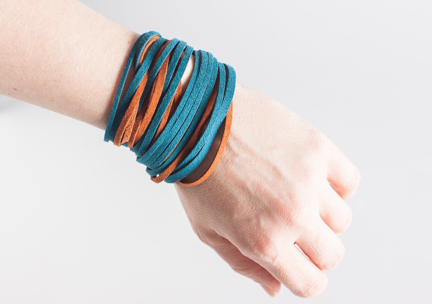 Recycled Faux Suede Fringe Bracelet in Peacock and Coral