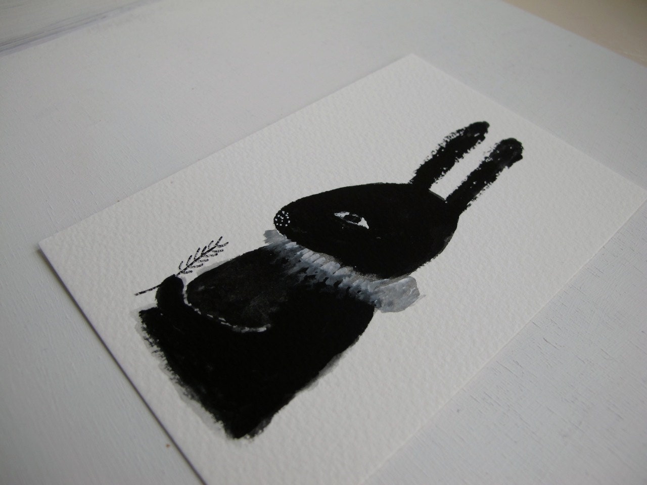 black rabbit - folk art portrait - original gouache sketch