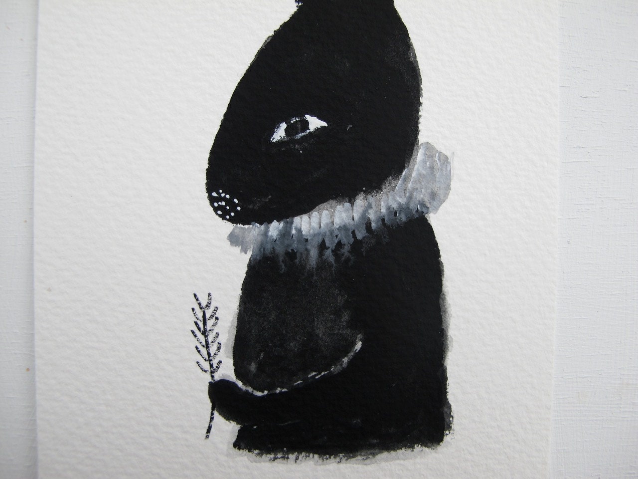 black rabbit - folk art portrait - original gouache sketch
