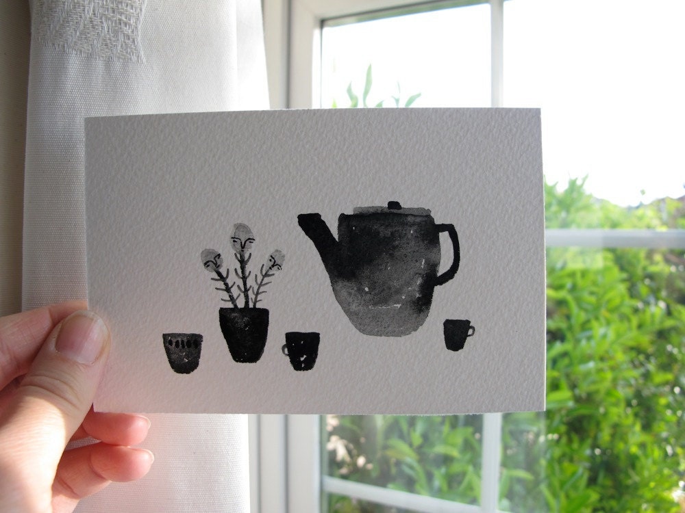 curious tea time - original gouache still life painting