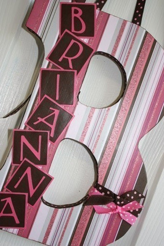 Custom Decorated Wood Letter - Brown and Pink Stripes