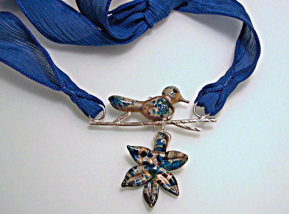 Speckled Blue Bird and Leaf Necklace