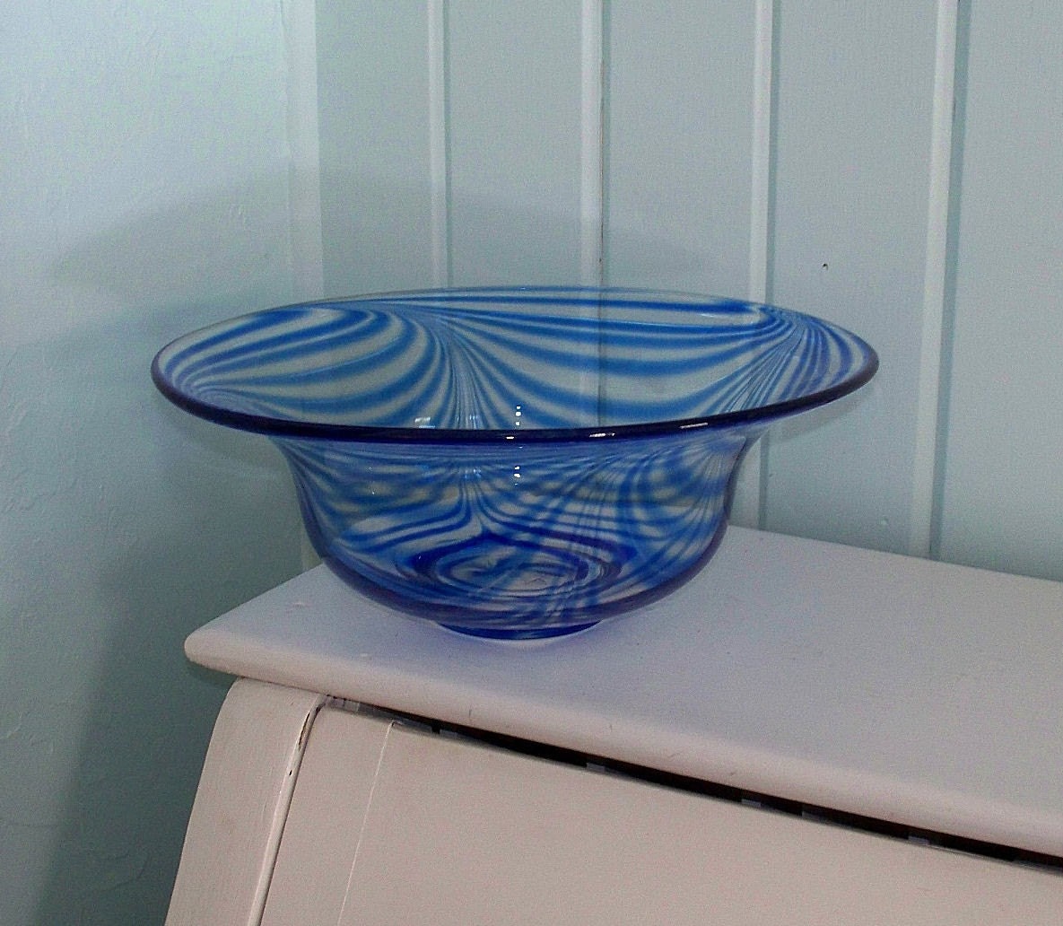 Vintage Thick  Blue and Clear Swirl Art Glass Bowl