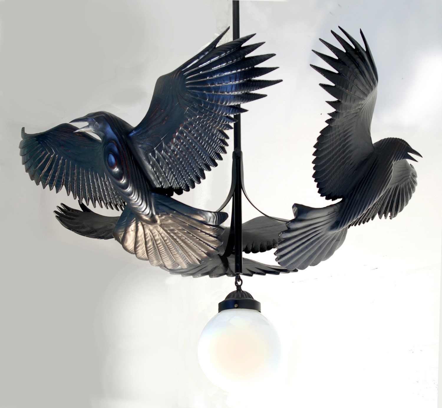 Reverence For Raven Chandelier by Jason Tennant, Hand carved wood sculpture