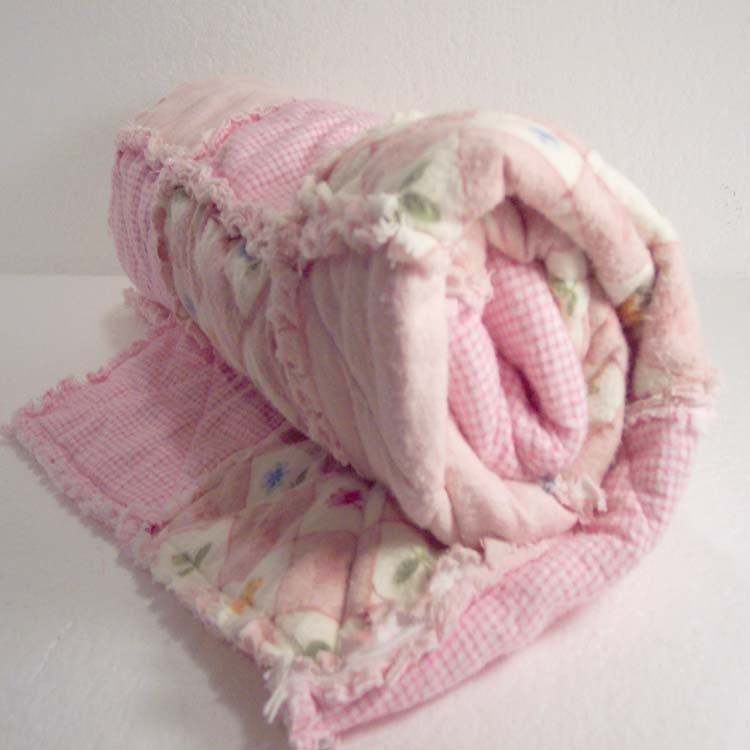 Rag Quilt Patchwork Baby Quilt Crib Bedding Girl Baby Blanket - Pink Gingham with Flowers - READY MADE