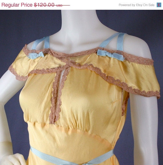 SALE 30s Bias Cut Silk Rayon Maxi Gown With Blue Satin Bows - Vintage Lingerie