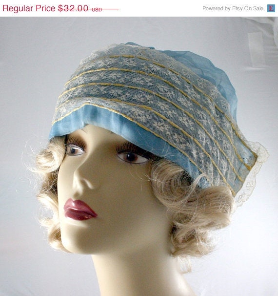 SALE Vintage 30s Sleeping Beauty Victorian Blue Night Cap Bonnet With Lace