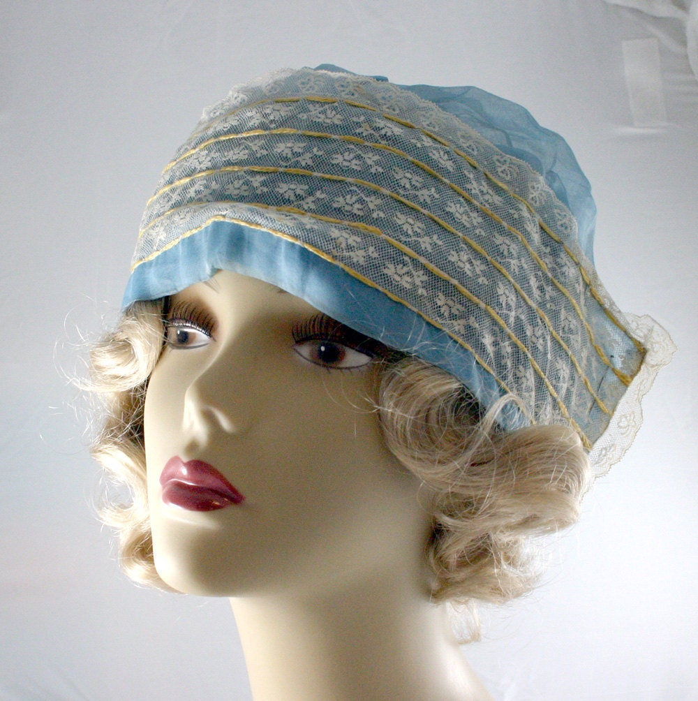 Vintage 30s Sleeping Beauty Victorian Blue Night Cap Bonnet With Lace