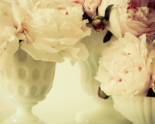 Spring .Peony and Milk Glass . vintage style nostalgic wall art . white flower photography . cottage chic home decor . french country print