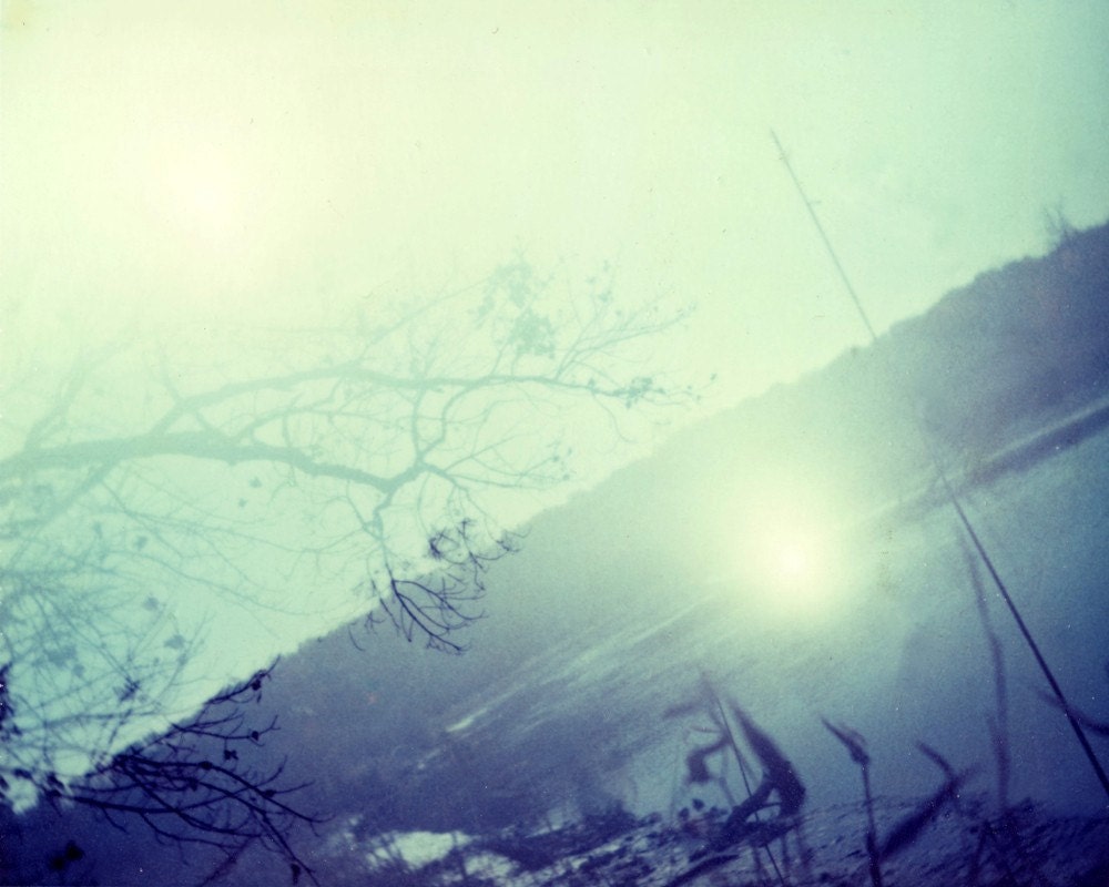 Polaroid Dreamy Photograph 8x10 Sunshine Lake Fine Art Print cyan sun purple Foggy haze double exposure