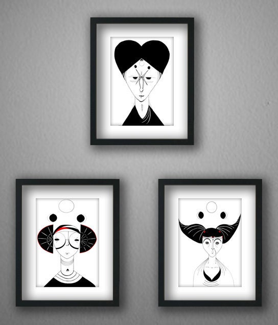 Portrait Illustration Collection Series Set Photo tribal futuristic art print fine art wall decor black white red
