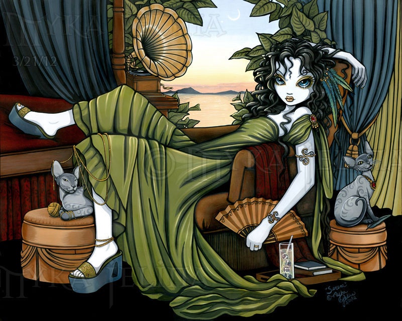 Serena Relaxing Sunset Cat Fairy Fantasy Original Painting