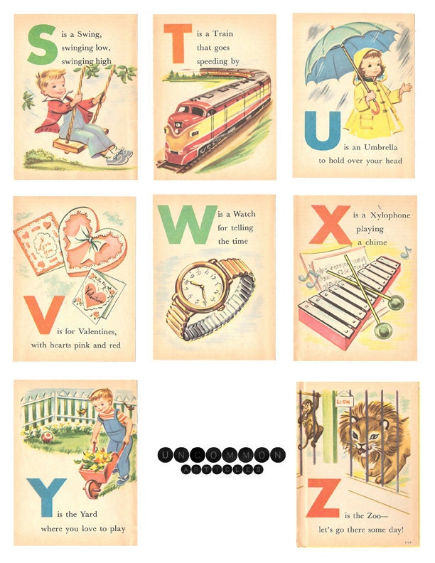 Digital Collage Sheet - Vintage Illustrated ABC Alphabet Flash Cards - ACEO - ATC - Collage - Altered Art