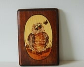 SALE. Vintage ORIGINAL painting. Owl and Butterfly. Signed.