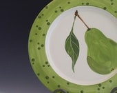 Round Polka Dot & Pear Platter - Pear Medium Round Rim Platter - Handpainted Green Ceramic Pottery Serving Home Chef Gifts P-120W