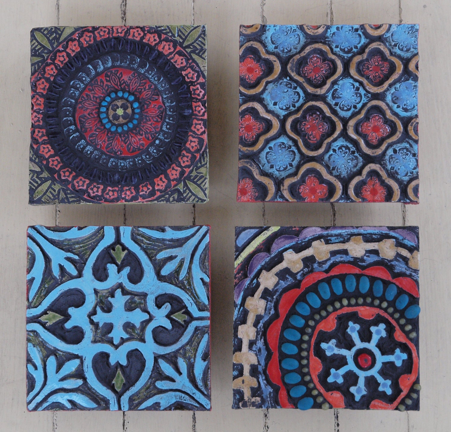 Mosaic Wall Art - Pattern & Texture Clay Tile Mounted Wall Art Set of Four - Colorful Pottery Rustic Geometric  Home Decor