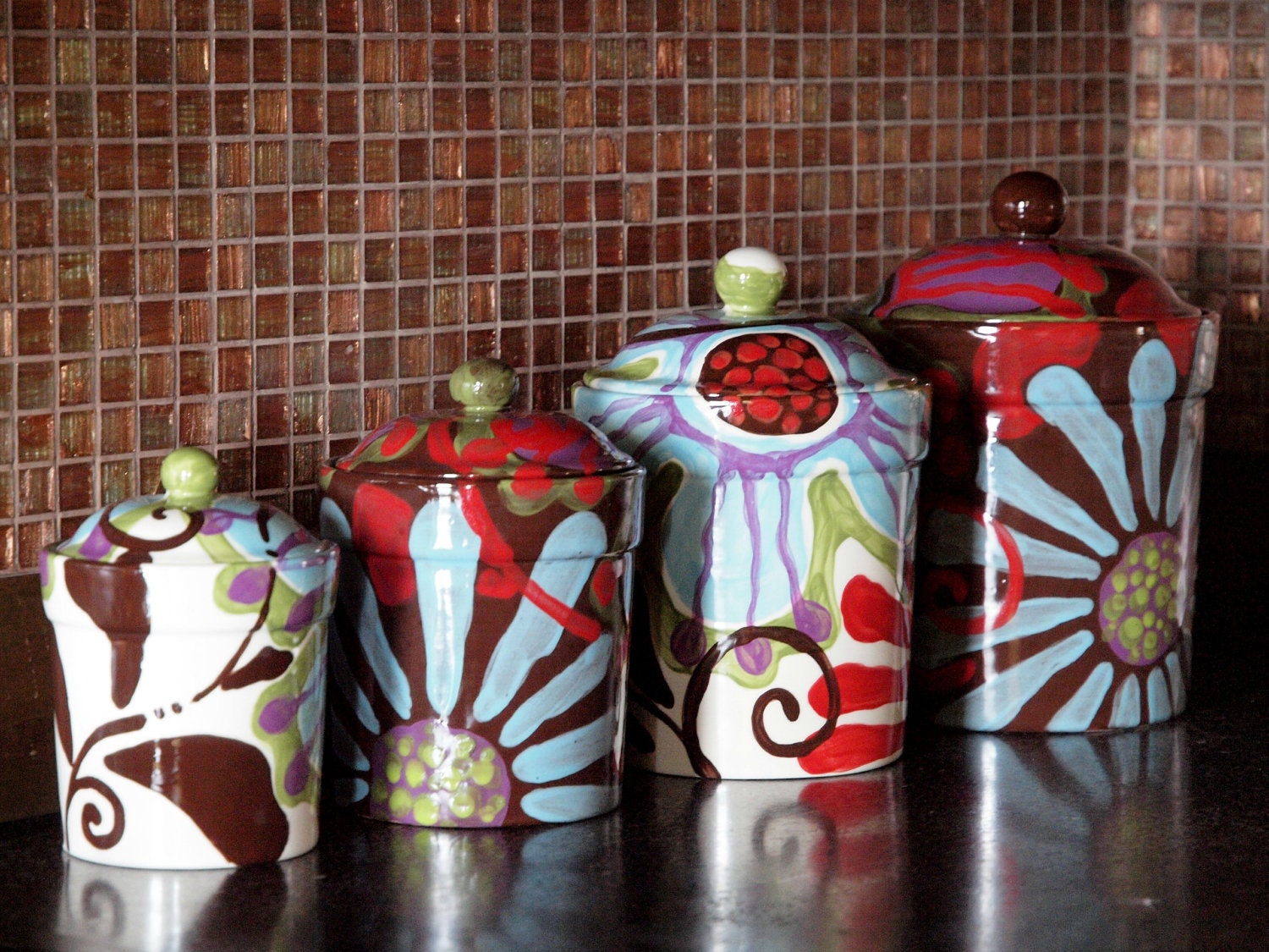 Canister Set of Four -Urban Fusion- Colorful Pottery Kitchen Home Decor Organization Storage Solutions Baker Chef Gift Made to Order  UF-320