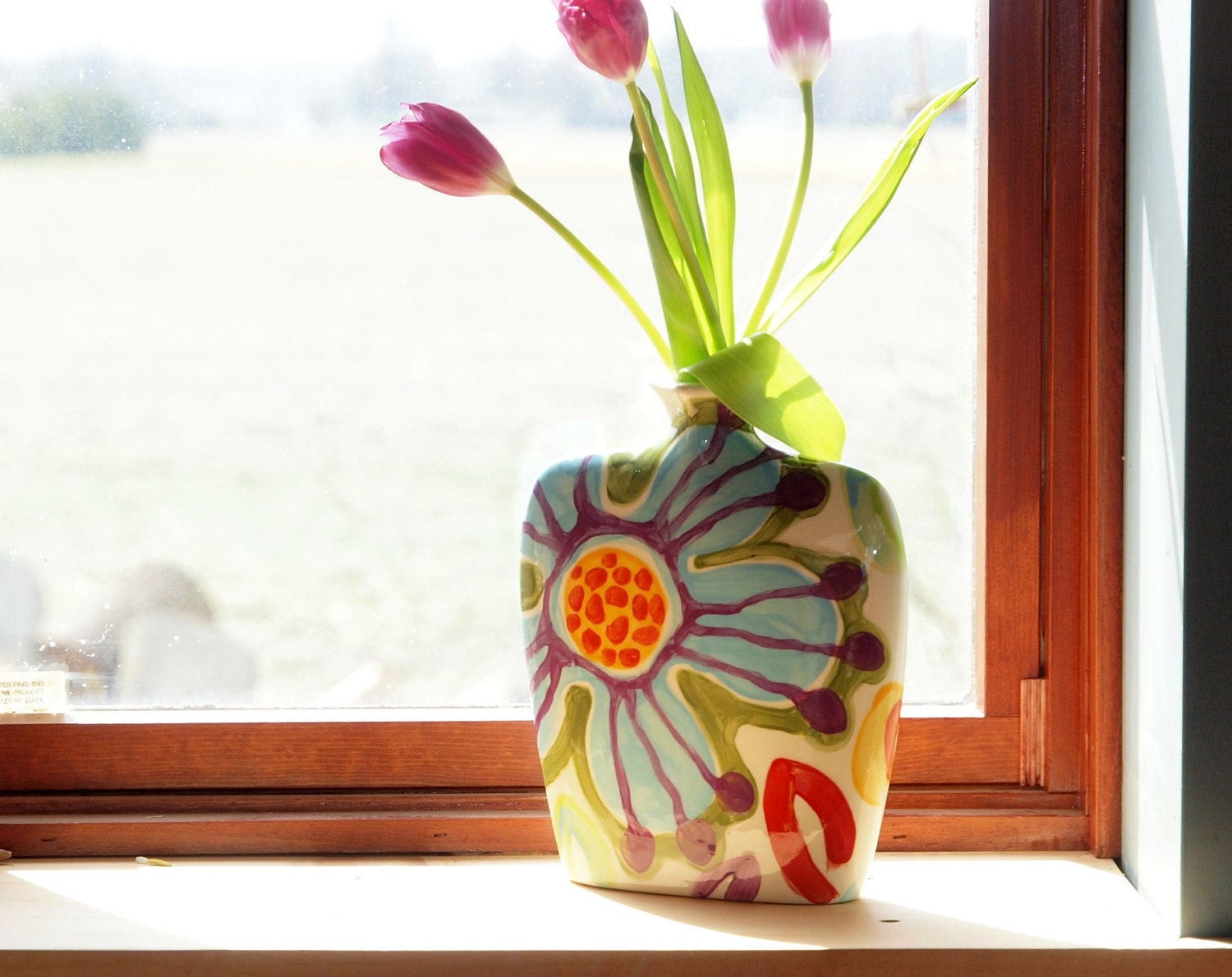 Bright Floral Vase - Jubilation Large Envelope Vase - Colorful Pottery for Home Decoration Gift for Mother Hostess Friend   J-368