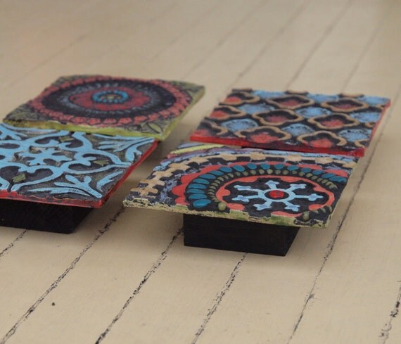 Wall Art - Pattern & Texture Clay Tile Mounted Wall Art Set of Four - Colorful Pottery Mosaic Home Decoration