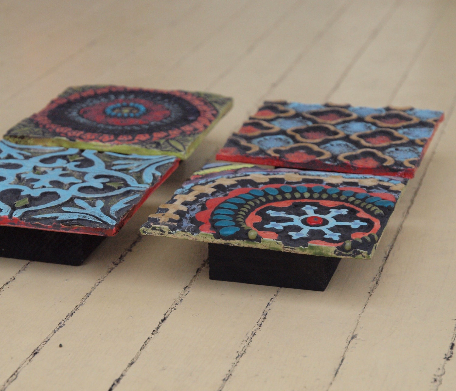 Wall Art - Pattern & Texture Clay Tile Mounted Wall Art Set of Four - Colorful Pottery Mosaic Home Decoration