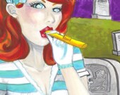 Redhead in a Cemetery with a Kazoo ORIGINAL strange dark fantasy art painting 11 x 7