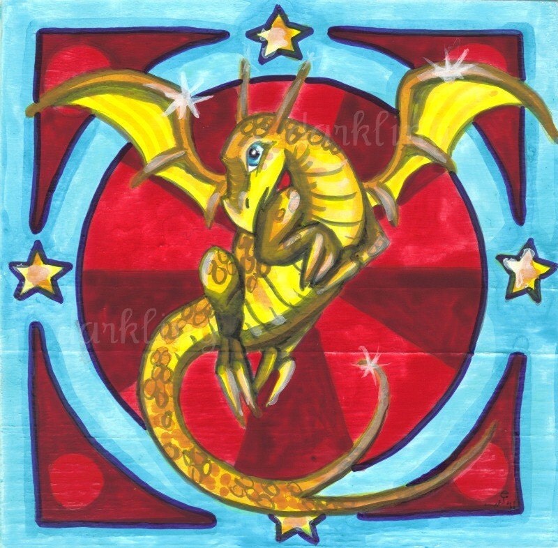 Dragon Square 1 original big eye fantasy art acrylic painting on wood block 5 x 5