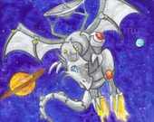 Dragon Square 5 robot spaceship satellite sci fi fantasy original big eye painting art