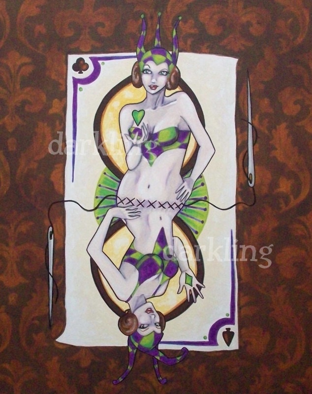 Suite surreal Jester Pin up Fantasy art harlequin duality original painting acrylic 16 x 20