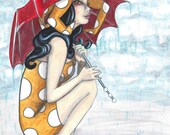 April Fool pin up Jester with Rubber Ducky Rainy Day fantasy Open Edition art harlequin print 4 x 6