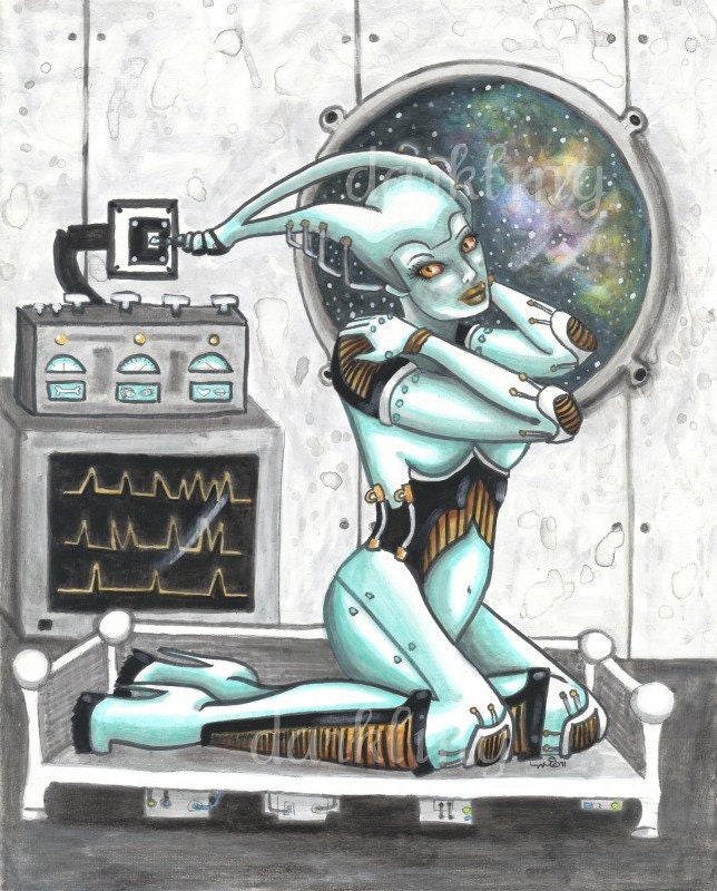 Recalibrate Pin Up Robot Lady galaxy science fiction fantasy art print Open Edition 4 x 6