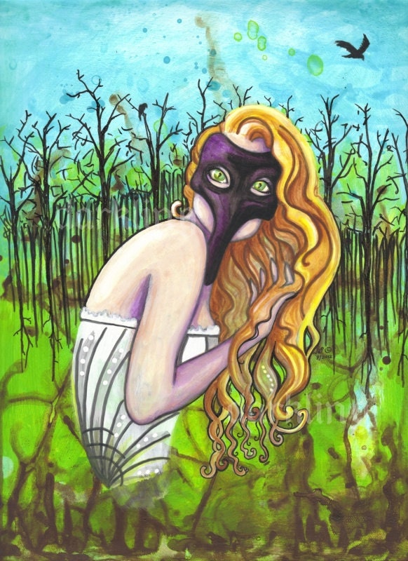 Raven Girl mask forest Inner Bird 1 dark fantasy art portrait blond woman Original painting