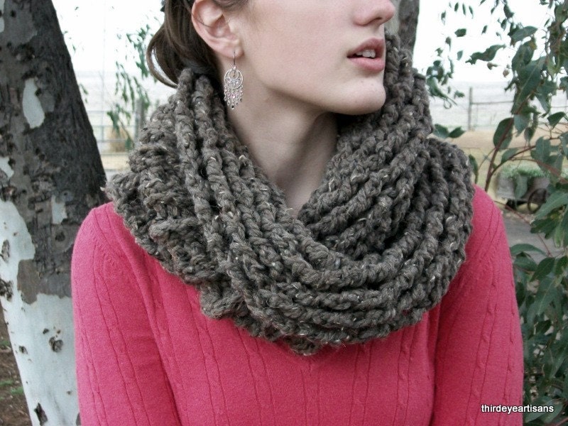 Chunky Crochet Moebius Cowl in Barley Colored Wool Yarn