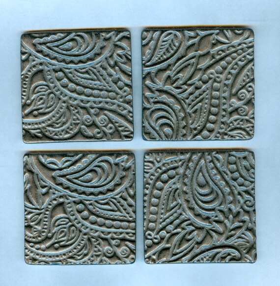 4 handmade embossed square earthenware clay tiles by firedandfused