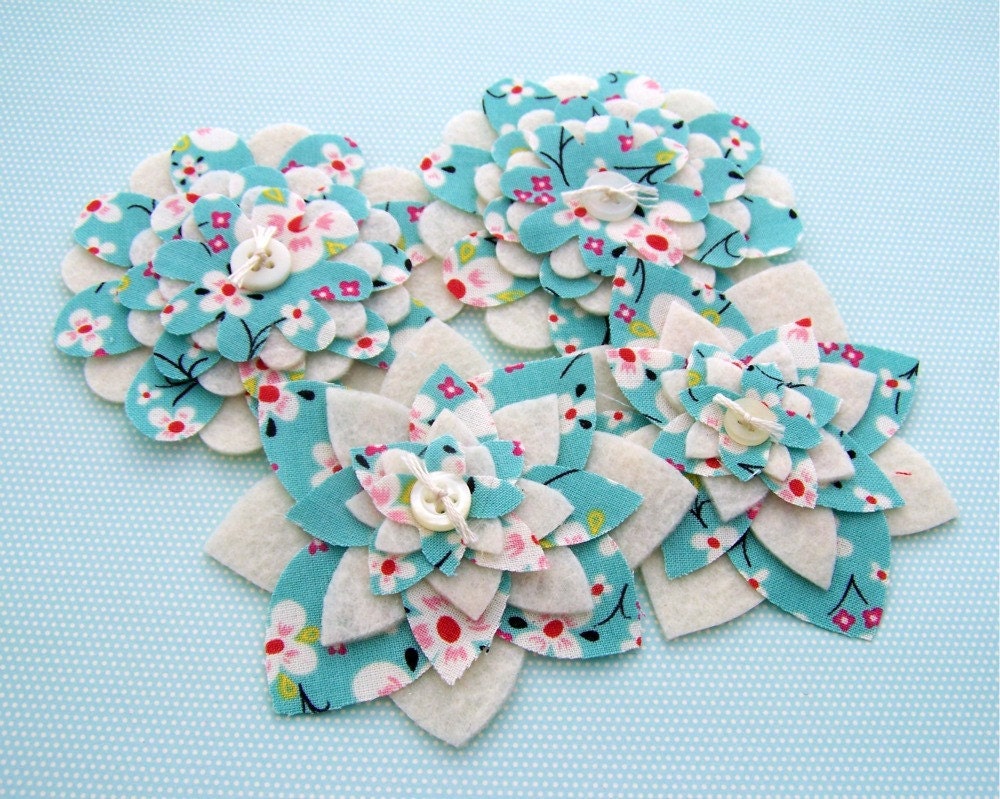 Cherry Blossoms on Blue - Fabric and Felt Flower Embellishments