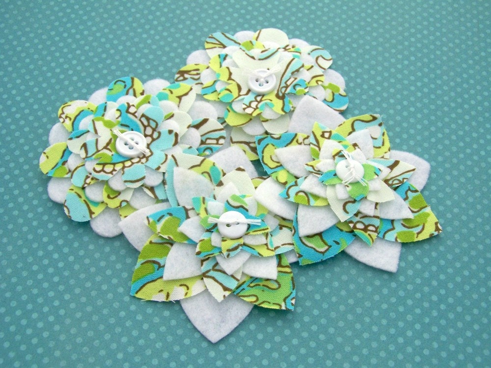 Amy Butler Blue and Green - Fabric and Felt Flower Embellishments