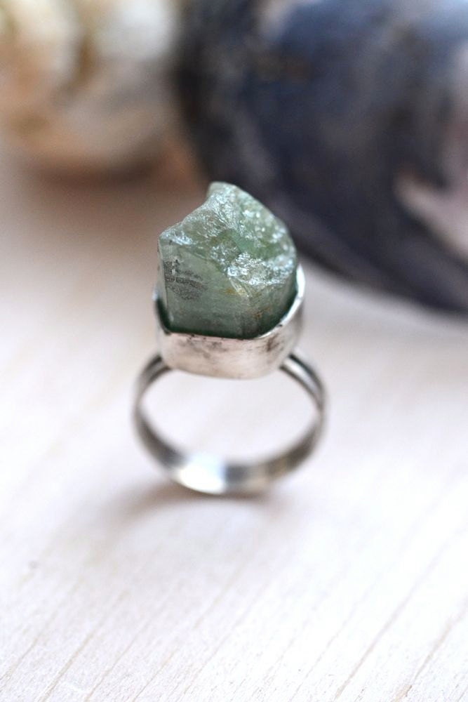 Rough Cut Aquamarine Ring in Sterling Silver Rustic Sea Princess