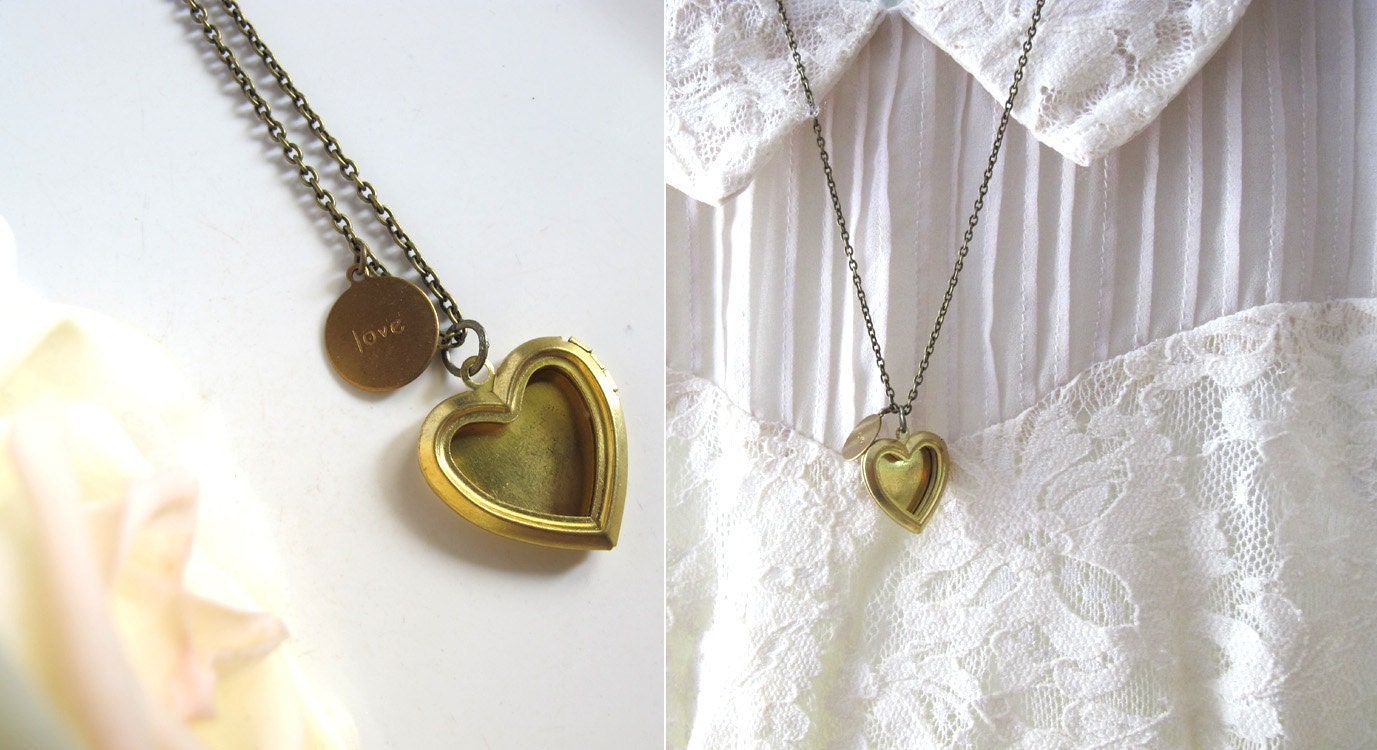 Romantic Love - Pretty Heart brass locket with stamped brass tag Necklace. Locket Necklace