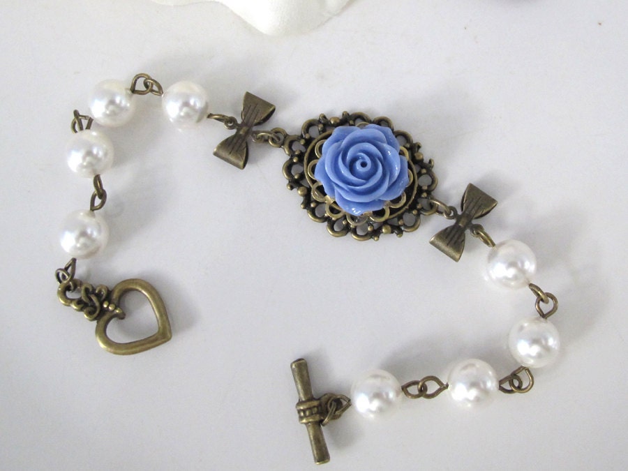 Victorian Bridal Bridesmaid Style Inspired Blue Rose Ribbon Bow Swarovski Pearls Bracelet